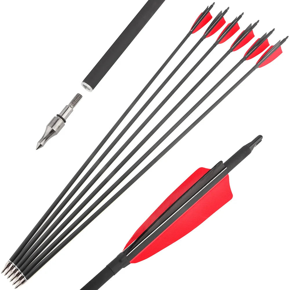 Archery Carbon Arrows 12pcs Spine 500 ID6.2mm OD7.8mm 100 Grain Points 4 Inch Turkey Vanes for Compound Bow Shooting