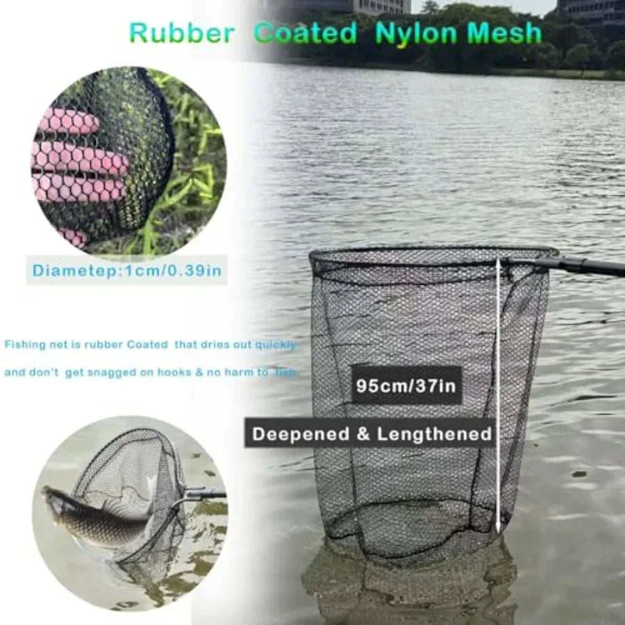 Saltwater fishing landing net with heavy-duty 37in deep mesh, extendable aluminum telescoping pole 70-102 in,black-gray color,