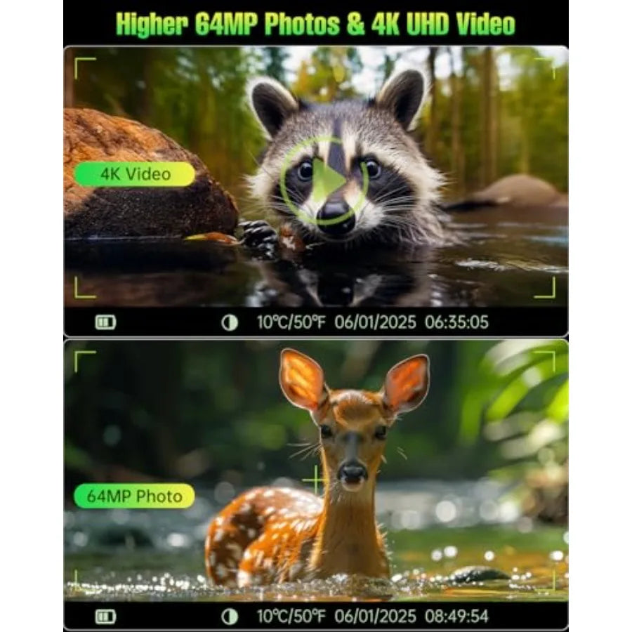 Wildlife hunting outdoor trail camera: 4K 64MP, IP67 waterproof, solar powered, night vision, motion activated, 5000mAh recharg