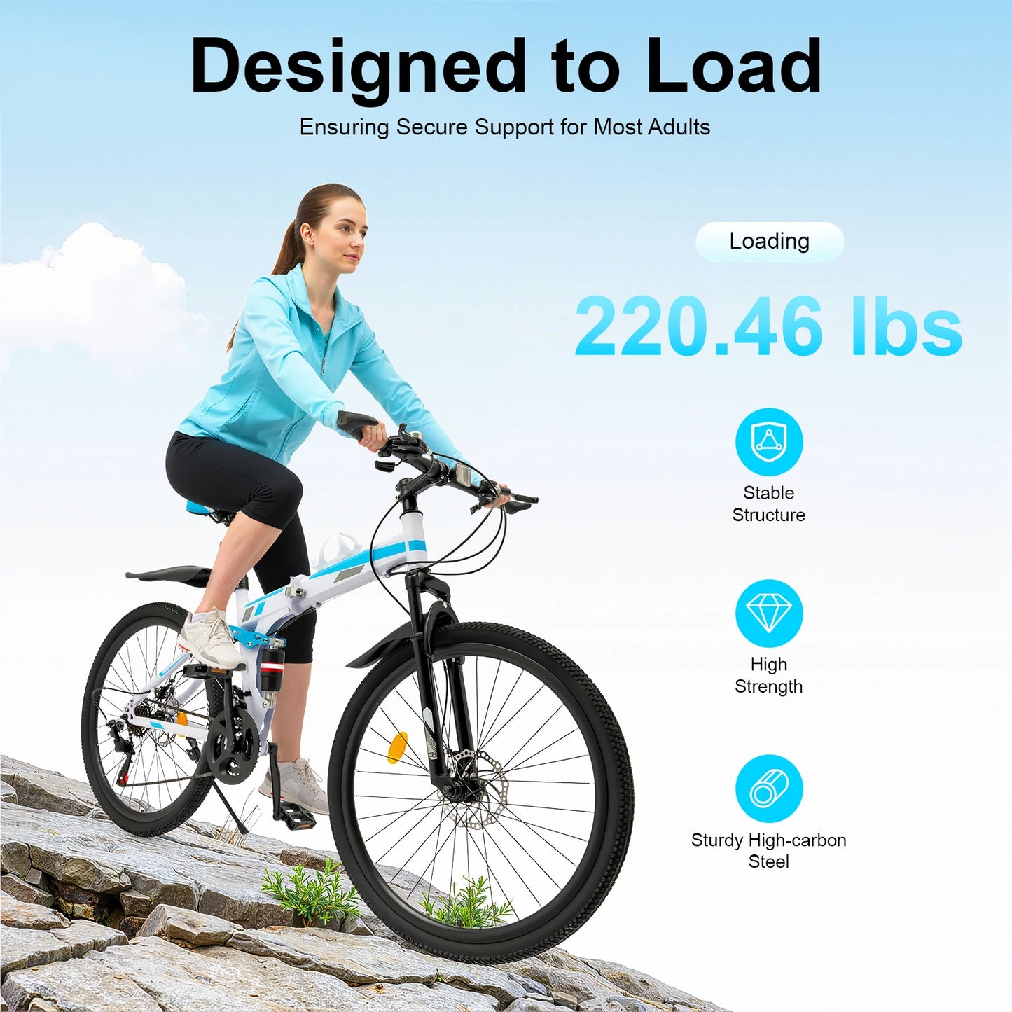 26 Inch Mountain Bike 21-Speed Foldable Carbon Steel Bike with Dual Disc Brake System for Adults Daily Commuting Fitness, Seat Height Adjustable/Anti-slip Pedals/Shock-Absorbing System