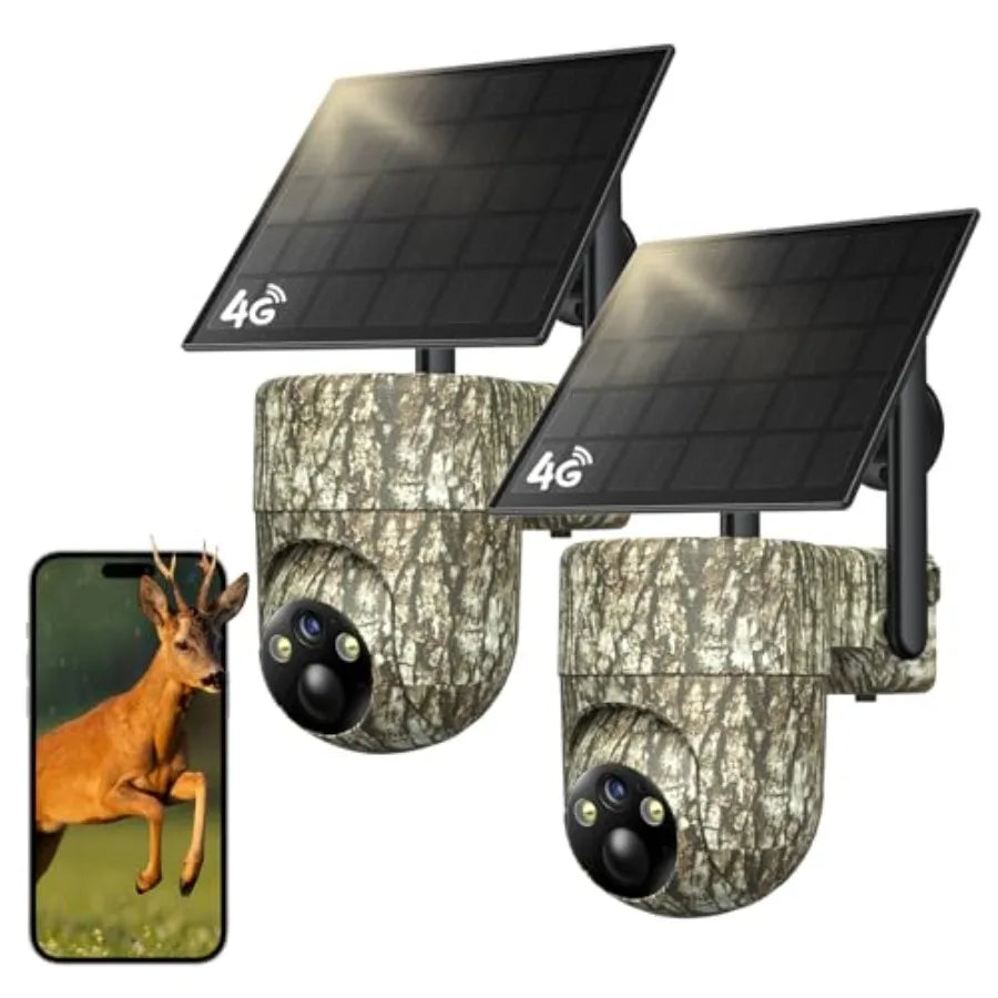4G LTE Cellular Trail Cameras for outdoor wildlife monitoring, ABS plastic camo print, green/brown, 360 live streaming, built-i