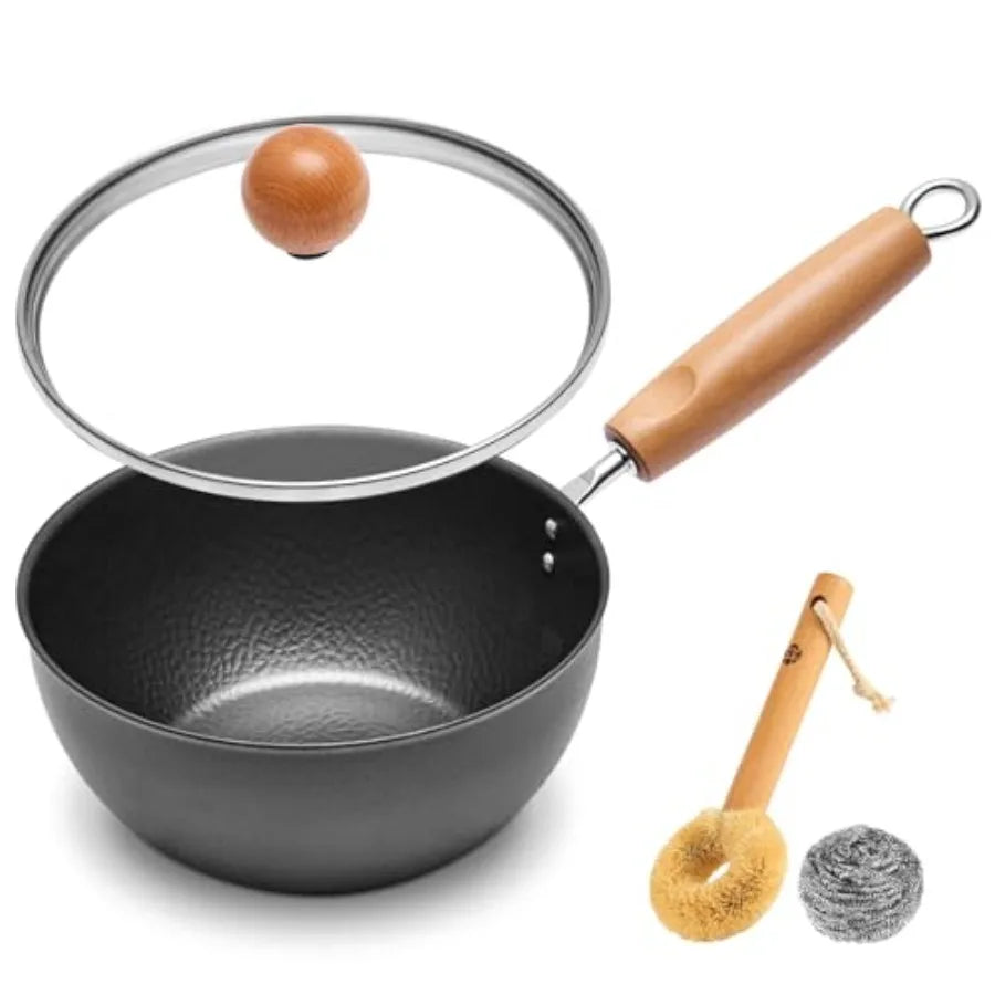 1.5QT iron saucepan with lid for ramen boiling, hammered milk pot in matte black, removable wood handle for camping storage, in