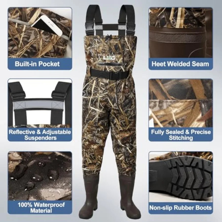 Fishing Waders Waterproof Bootfoot Chest Waders 2-Ply 420D Nylon/PVC Duck Hunting Wader for Men Women