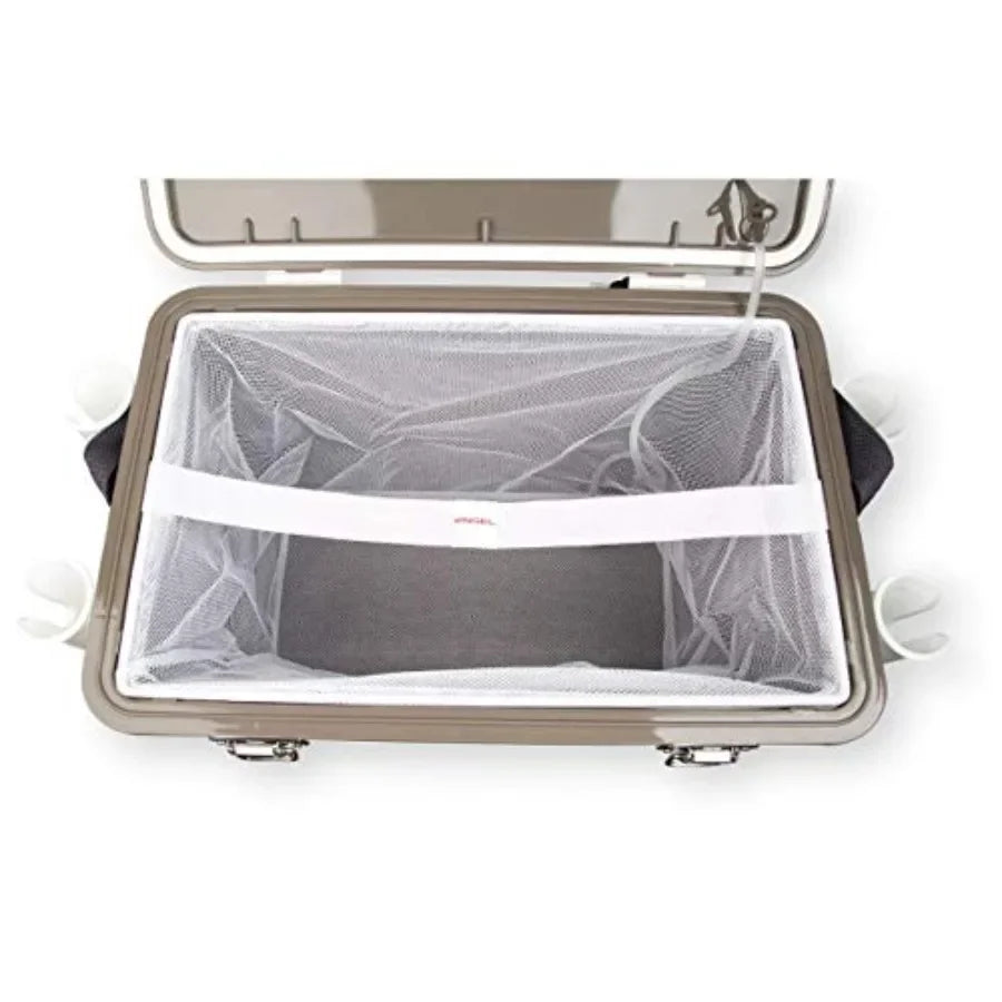 Fishing bait station: 30qt white live bait cooler box with 2nd gen 2-speed aerator pump and 4 rod holders, polyethylene, white,