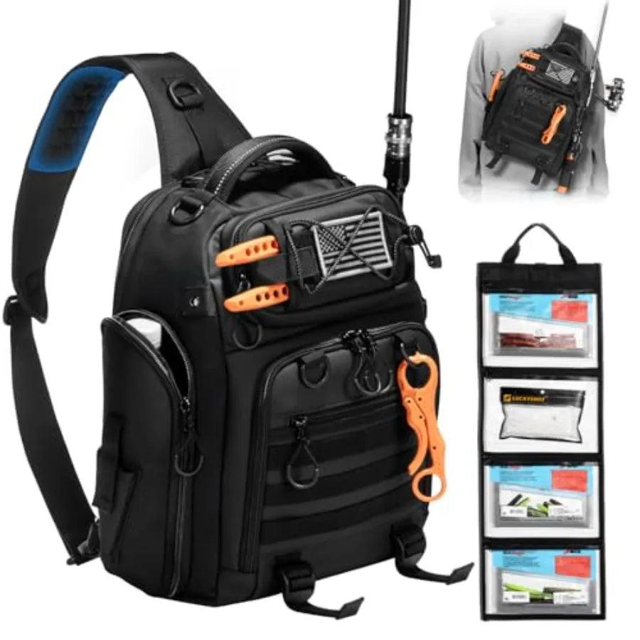 50L Fishing Tackle Backpack with Removable Lure Wraps, Include 4 3600 Tackle Boxes, 2 Rod Holders Storage Fishing Gear and Equi