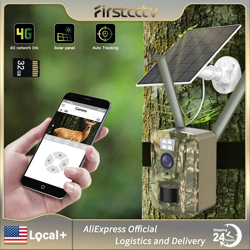 FIRSTCCTV EU 4G Cellular 3MP 2K Battery Solar PIR Motion Activated Wildlife Hunting Trail Camera IP66 Outdoor Night Vision