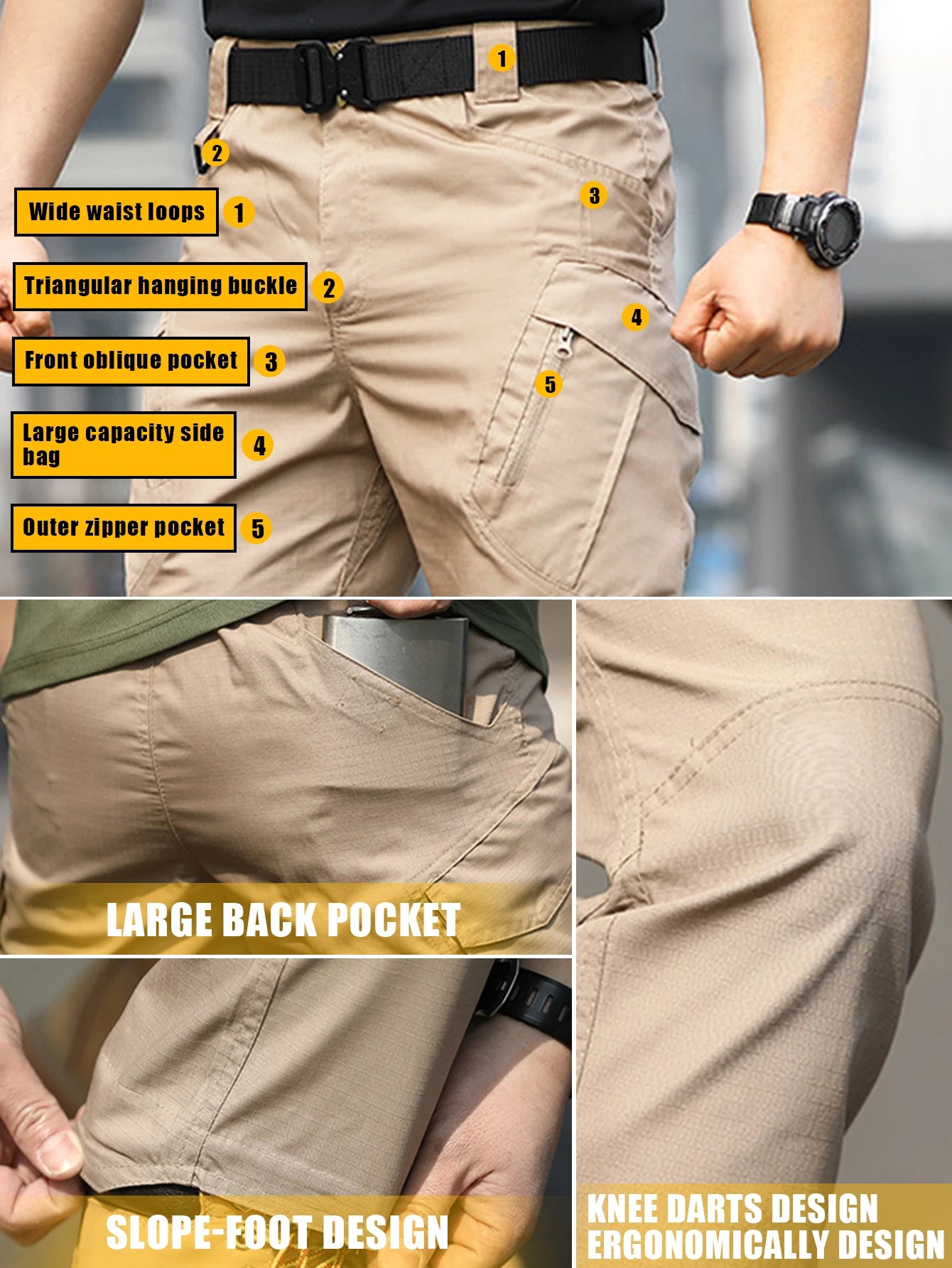 Khaki Tactical Cargo Work Pants for Men, Durable Ripstop Multi Pocket Outdoor Hiking Pants, Water Resistant Utility Trousers
