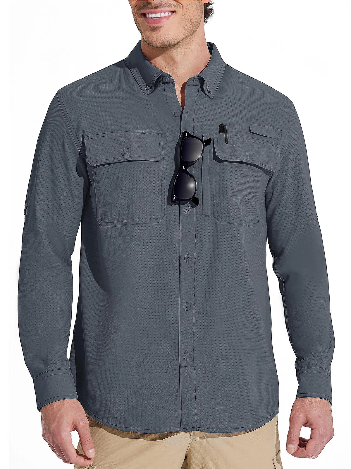 MAGCOMSEN Sun Protection Shirt Quick Dry Long Sleeve Mesh Breathable Shirt Multi Pockets Fishing Shirts Hiking Work Cargo Shirts