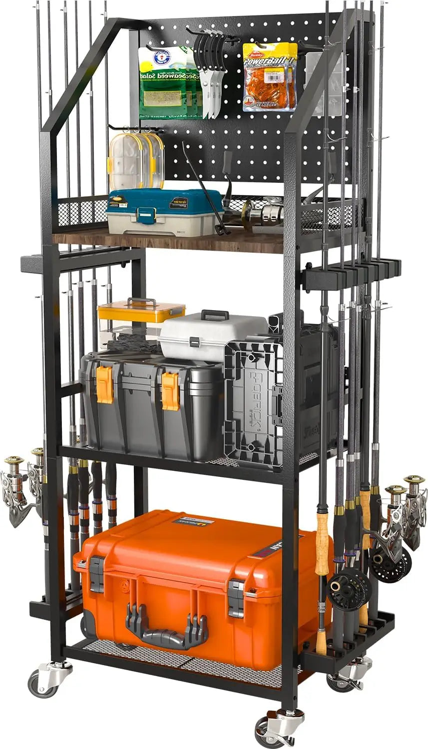 Rolling Fishing Rod Rack with Pegboard & Hooks, Holds Up to 12 Poles, Garage Storage Cart with Wheels for Tackle & Reel Organization