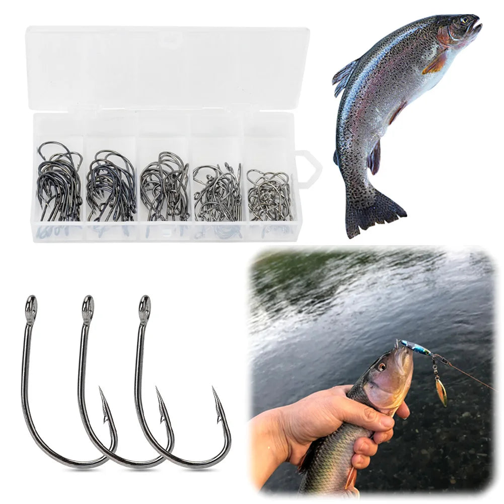 100Pcs Fishing Hooks Set High Carbon Steel Fish Hooks Fishing Barbed Hooks for Freshwater Saltwater Fishing Accessories