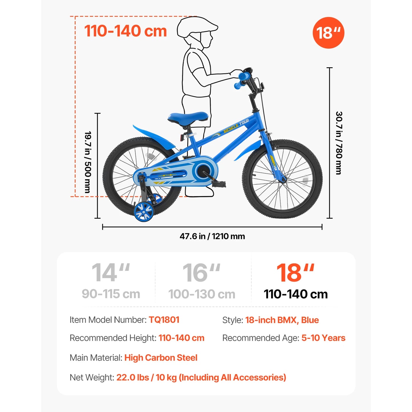 14/16/18in Kids Bike BMX Style Children Bicycle with Training Wheels Toddler Bike for Boys & Girls Learning to Ride