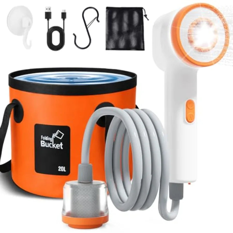 Portable Camping Shower Shower Head with LED Light Camping Shower Pump with Carbon Purification Foldable Bucket Summer Beach Ou