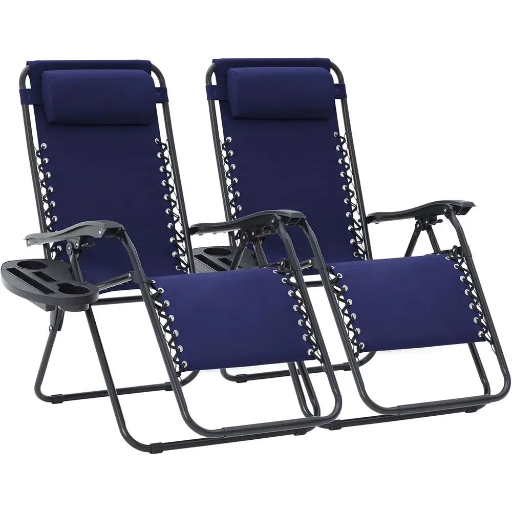 Zero Gravity Lounge Chairs Set o 2, Adjustable Steel Mesh Recliners with Pillows and Cup Holder Trays or Patio, Garden, Beach, N
