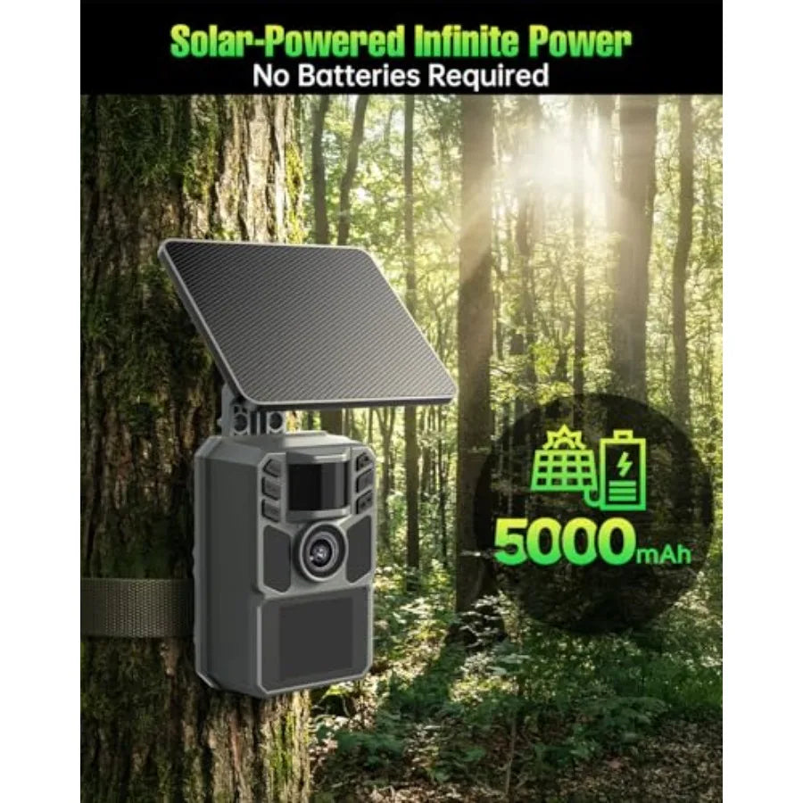 Wildlife hunting outdoor trail camera: 4K 64MP, IP67 waterproof, solar powered, night vision, motion activated, 5000mAh recharg