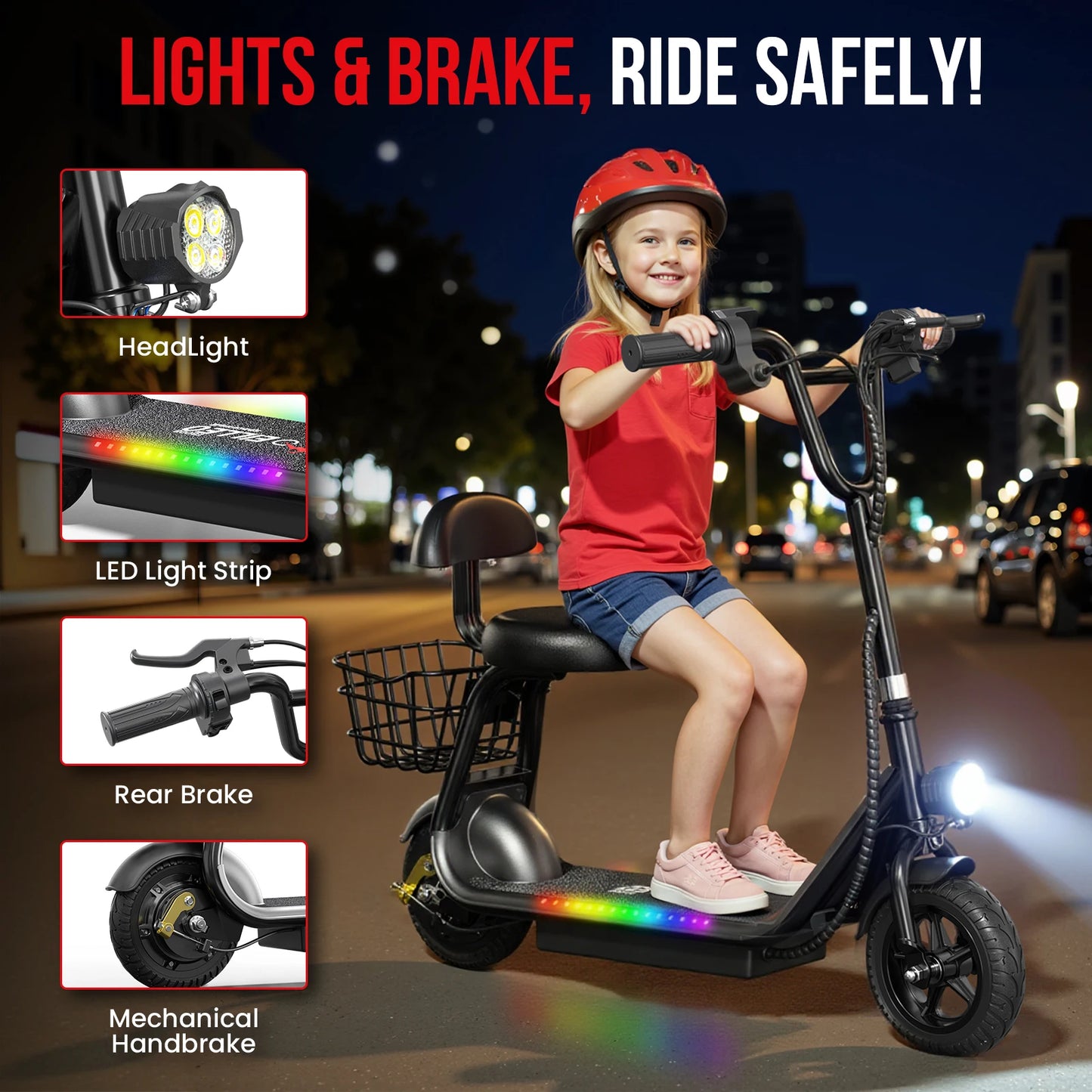 Spacewalk Kids Electric Scooter with Bluetooth Speaker Foldable Design Seat Carry Basket LED Light Strip 11MPH Speed 132lbs Max