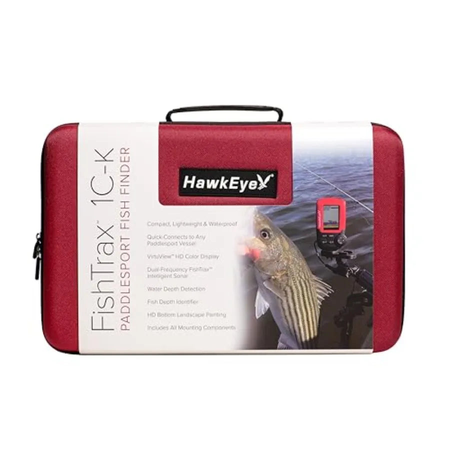 PADDLESPORT fish finder for kayaks and canoes, red ABS plastic housing, high-contrast display, compact waterproof design