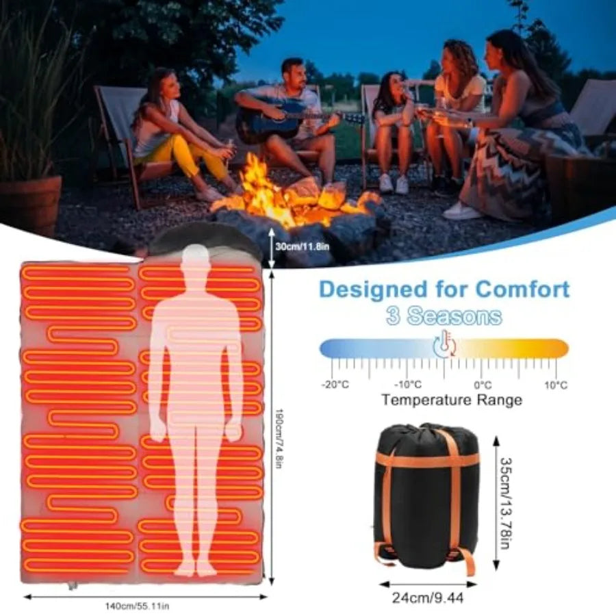 Heated - Portable USB Power Warm Sleeping Bag for Camping with 4 Heating Zones, Cold Weather Sleeping Bag for All Season Campin