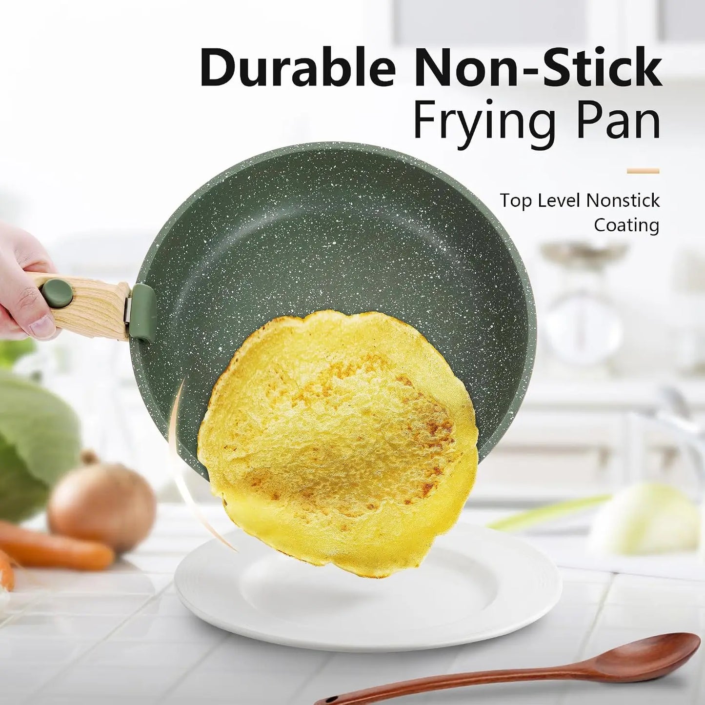 10 Piece Non Stick Camping Cookware Set with Detachable Handle, Stackable Pots and Pans for RV, Induction Compatible, Green Granite