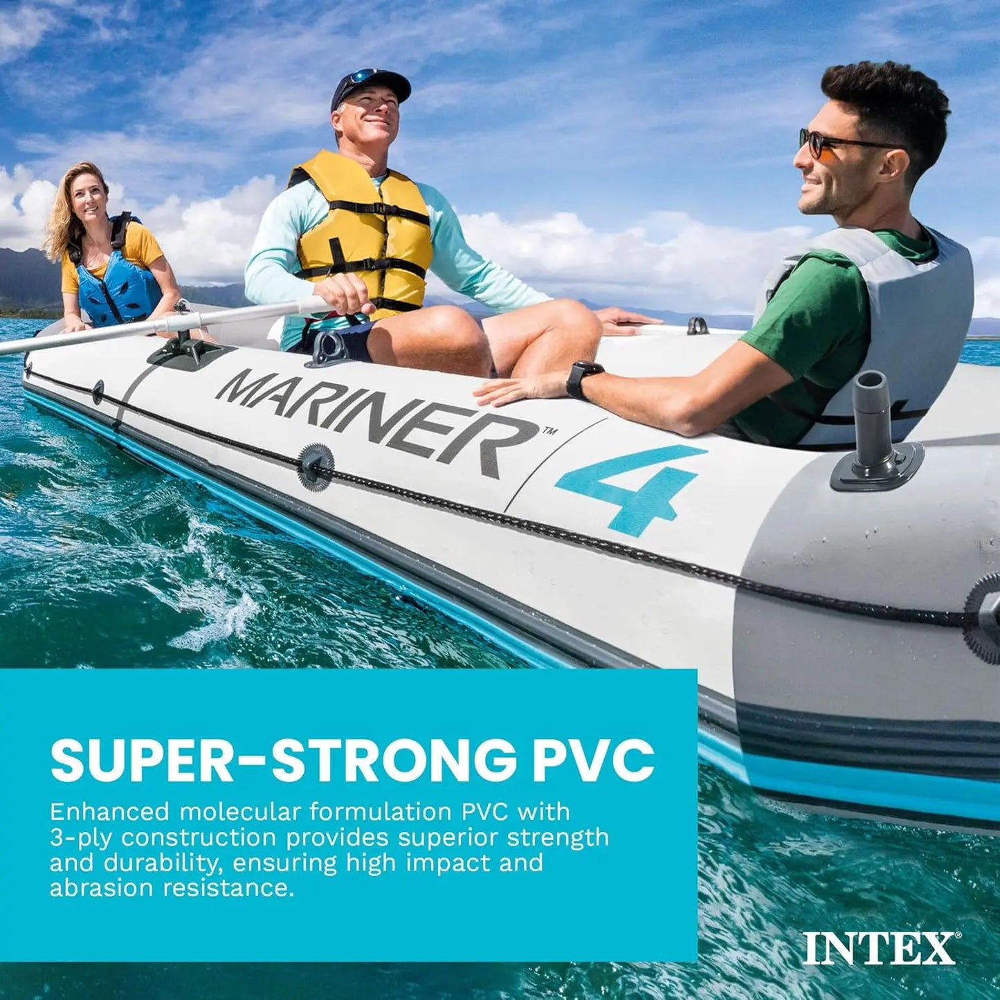 Inflatable Boat with Deluxe Oars and High-Output Pump, Heavy-Duty PVC, Wear-Resistant Keel, Removable Fishing Rod Holders, and Heavy Duty Grab Handle