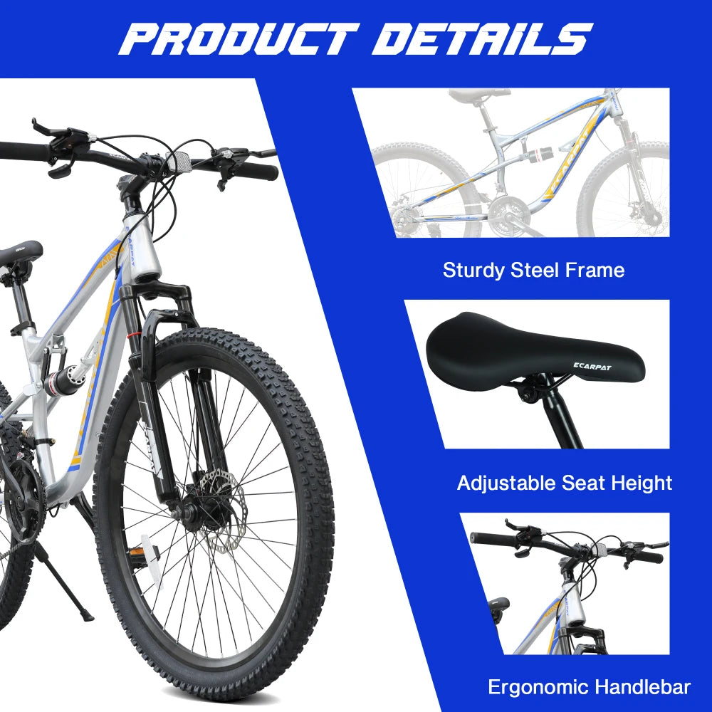 A2670 26 Inch Mountain Bike with 21-Speeds & Full Suspension Steel Frame, Alloy Rims, Disc Brakes For All Terrains, Men & Women, Multiple Colors