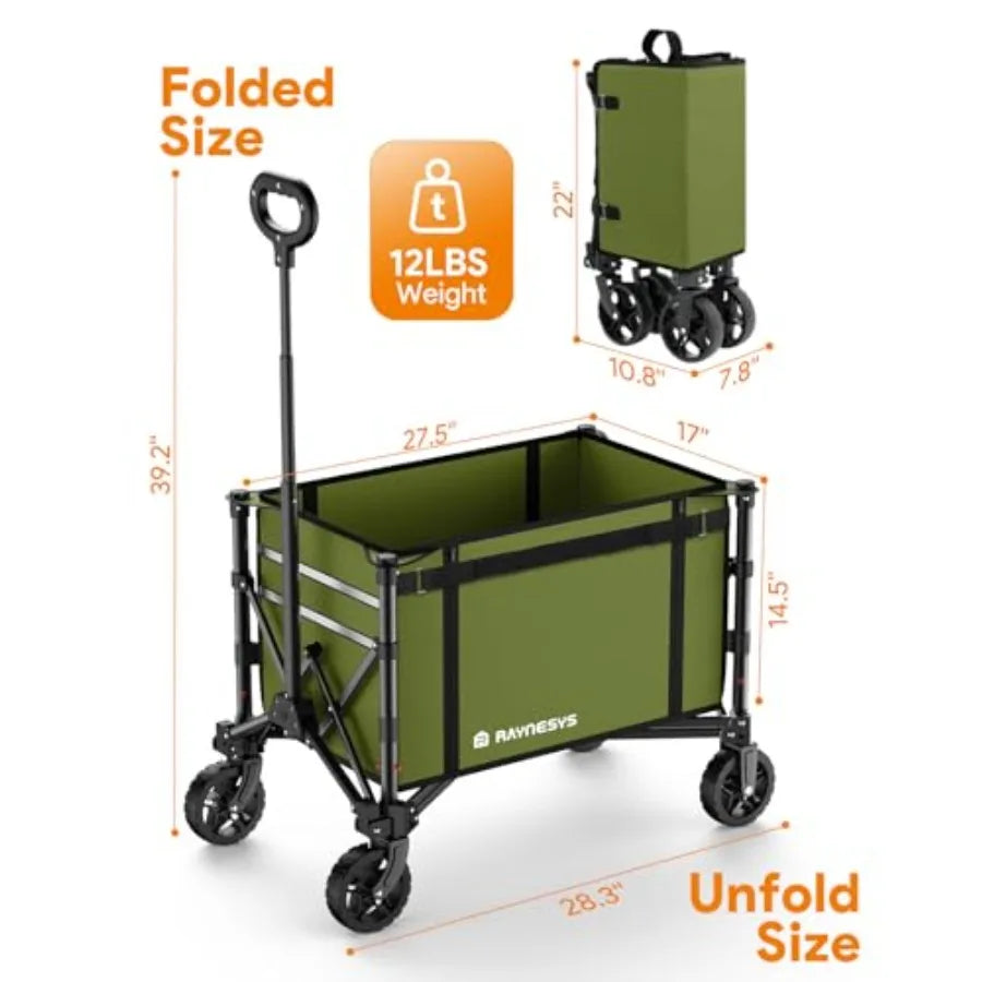 Foldable utility wagon for beach, garden, camping, sports; steel frame, black; 220 lbs capacity, 120L volume, collapsible with