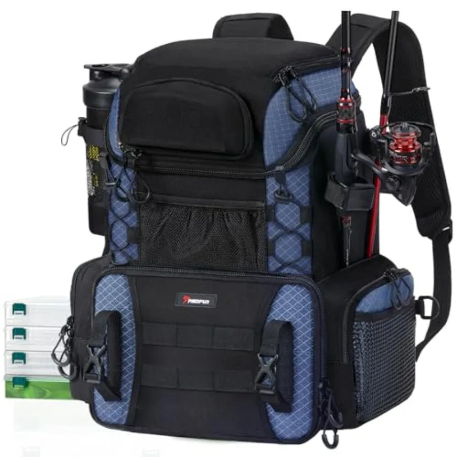 Fishing Tackle Backpack with Rod Holders and 4 Tackle Boxes, 42L Outdoor Fishing Bag with Waterproof Rain Cover