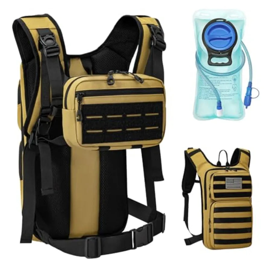 Tactical Hydration Backpack with 2L Water Bladder and Front Small Tactical Pouch, Outdoor Water Backpack for Men Women, Sports