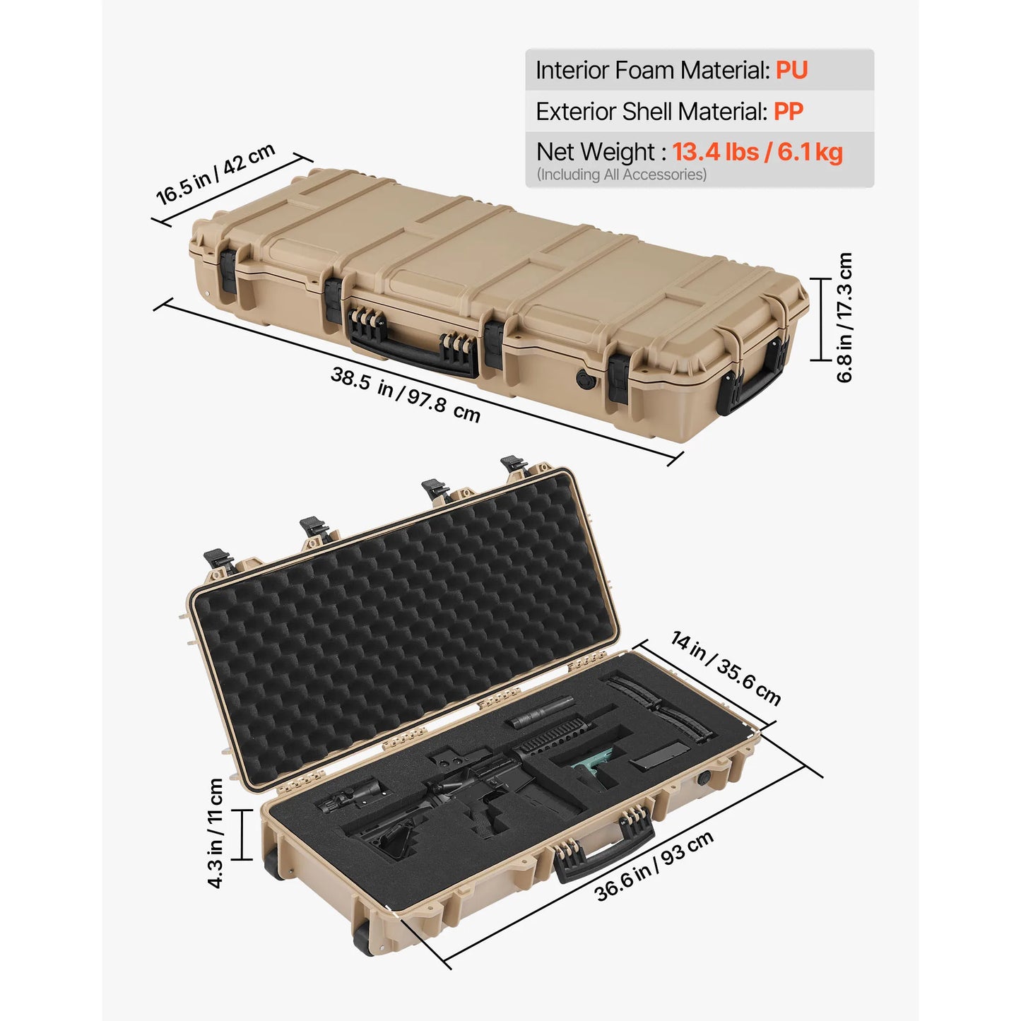 SucceBuy Hard Rifle Case Lockable Rifle Case w/ Pre-cut Foams & Wheels IP67 Waterproof Pistol Storage Cases for Rifles Shotguns