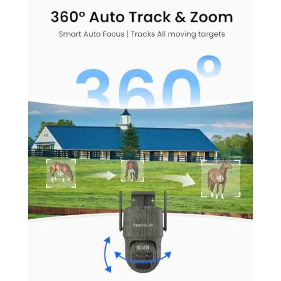 Wildlife monitoring outdoor security camera with 4K dual lens, 4G cellular connectivity, 6X hybrid zoom, IP66 waterproof housin