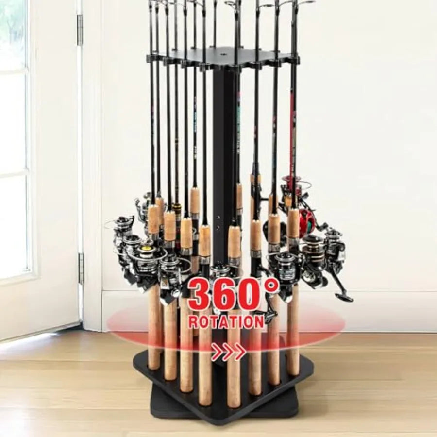 s for Garage 360 Degree Rotating Fishing Pole Rack Floor Stand Holds up to 16 Rods Wood Fishing Gear Equipment Storage Organize