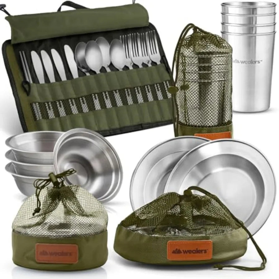 Unique Complete Messware Kit Polished Stainless Steel Dishes Set Tableware Dinnerware Camping Buffet Includes - Cups Plates Bow