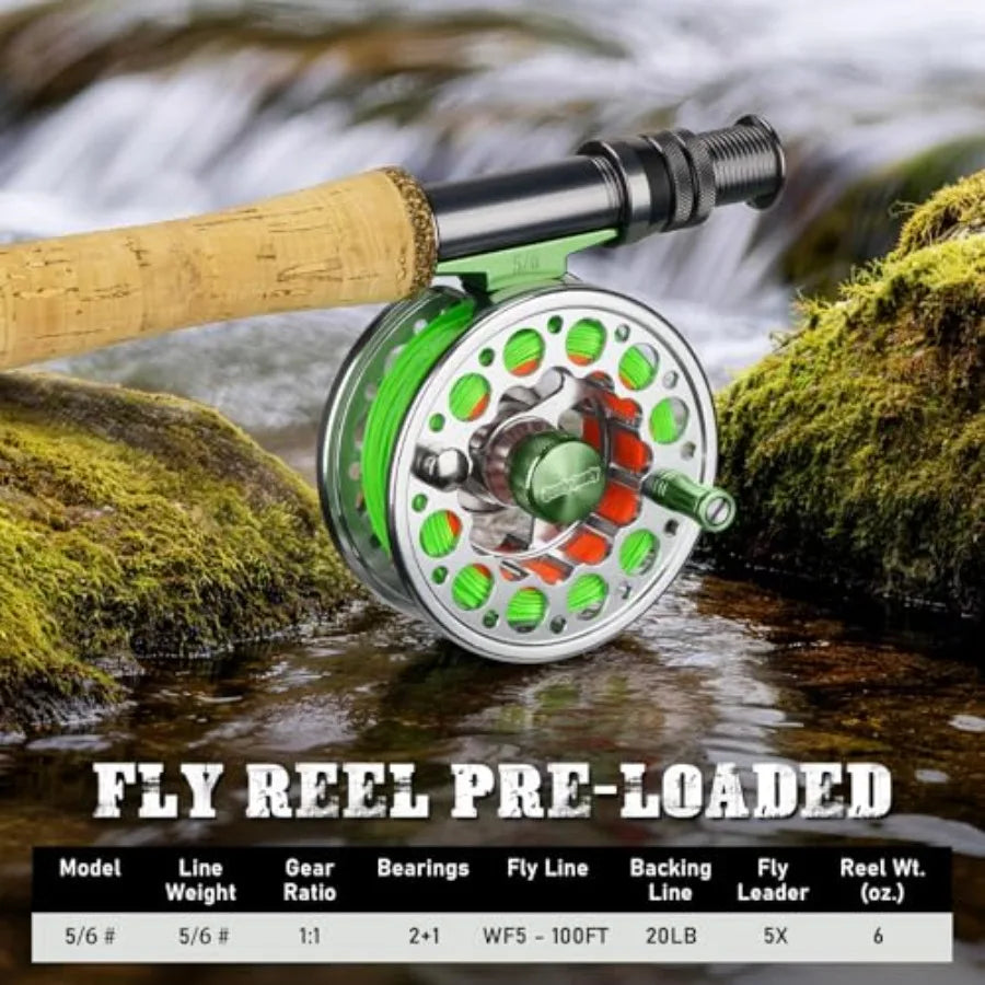 Rod Combo Starter Kit Carbon Fiber Trout Travel Rod with Reel, Fly Rod case, Fly Box, Flies, Tapered Leader, Knot Tying Tools