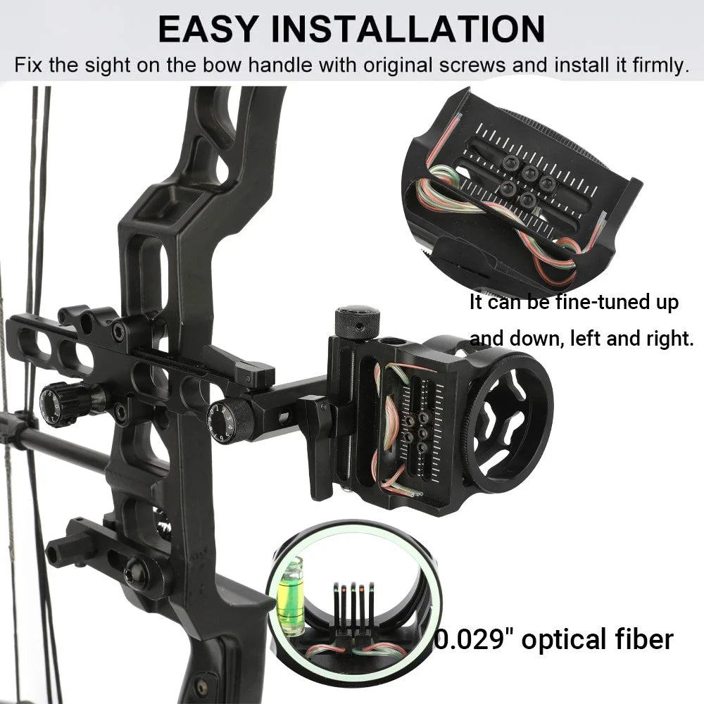 Compound Bow Sight 5 Pin Long Rod 0.019 Fiber Optic Adjustable Left Right Hand for Hunting Shooting Target Practice Accessories