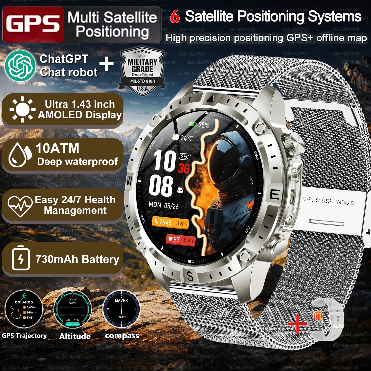 2026New Military Tank GPS SmartWatch Offline Map 10ATM Swim 2GB RAM Music Altitude Compass Bt Call Fitness Sports Smartwatch Men