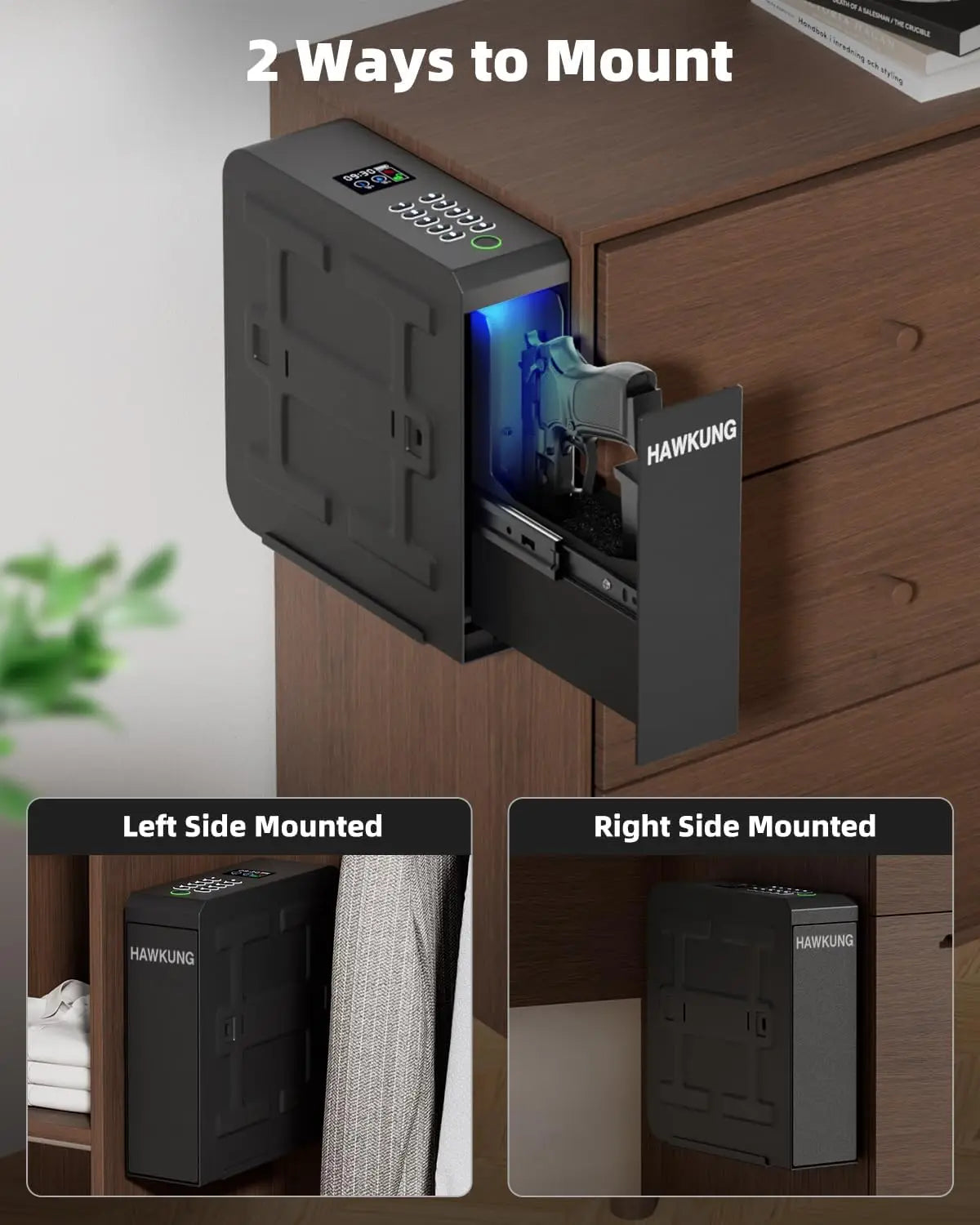 Gun Safe, Slider Biometric Gun Safe for Handgun Mounted Single Bedside Pistol Case with 3 Ways Quick Access Gun Lock Box for Nig