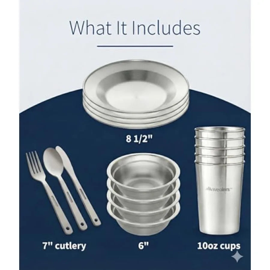 Unique Complete Messware Kit Polished Stainless Steel Dishes Set Tableware Dinnerware Camping Buffet Includes - Cups Plates Bow