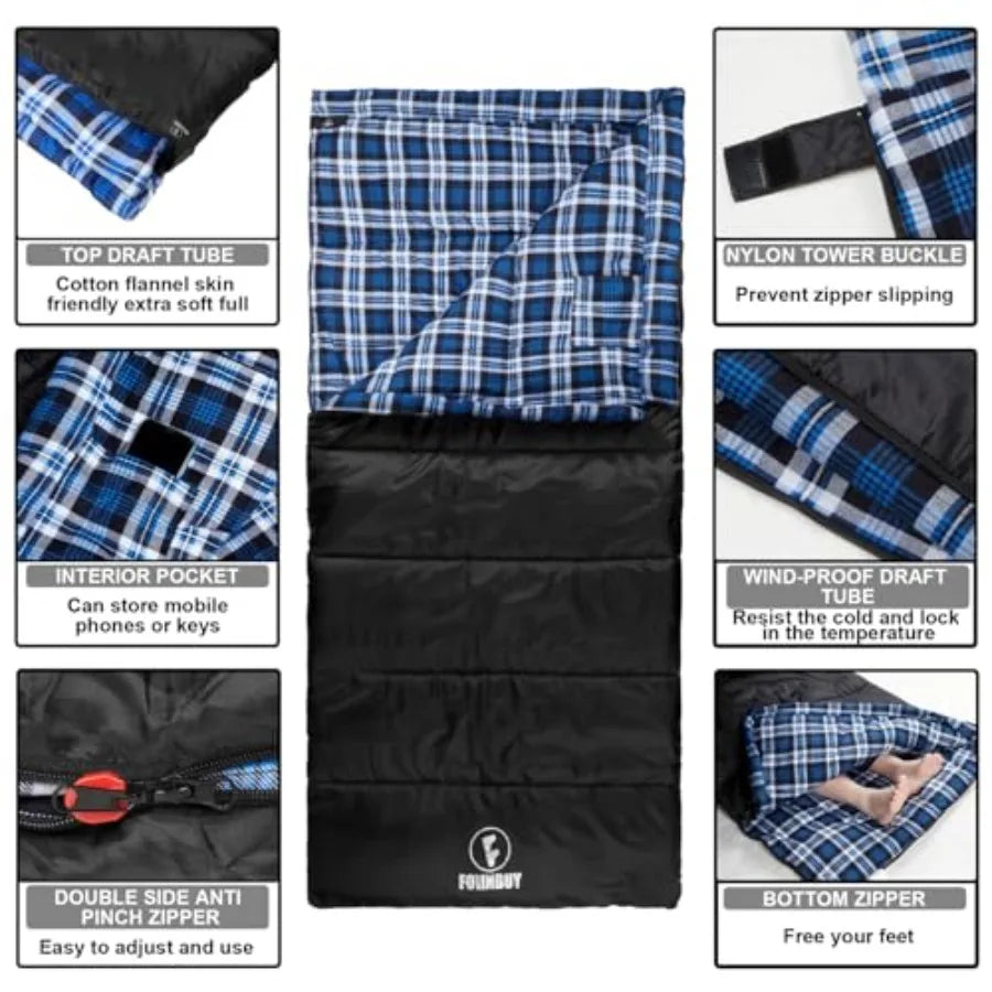 Flannel Sleeping Bag Cold Weather for Adults XL Camping Cotton Sleeping Bag 4 Season Big and Tall, Waterproof with Compression