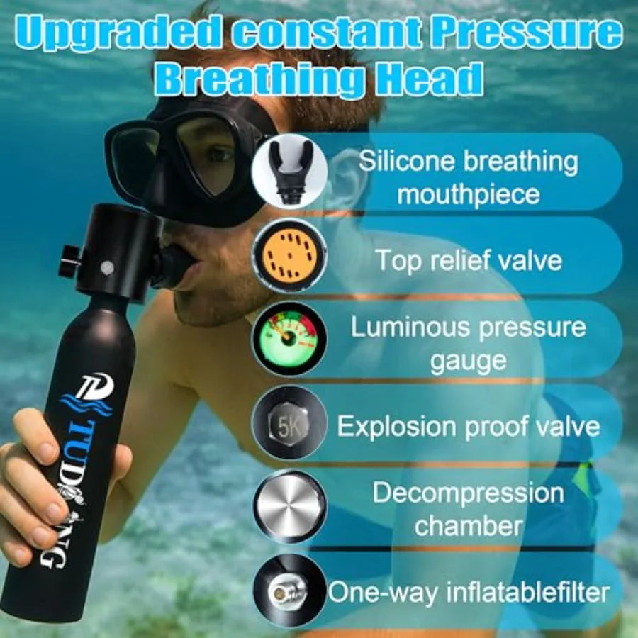 Underwater work diving tank: aluminum, black, portable 0.5L scuba tank with air compressor, 3000 PSI max, 6-10 min breath suppo
