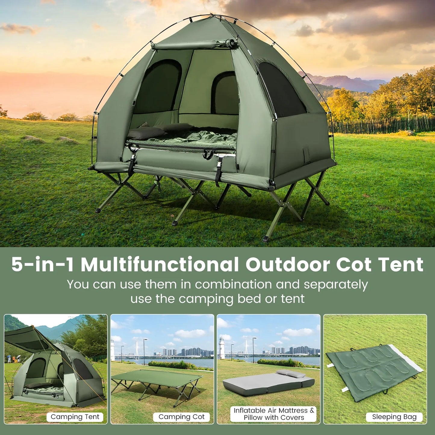 2-Person Compact Portable Tent/Camping Cot w/ Air Mattress & Sleeping Bag