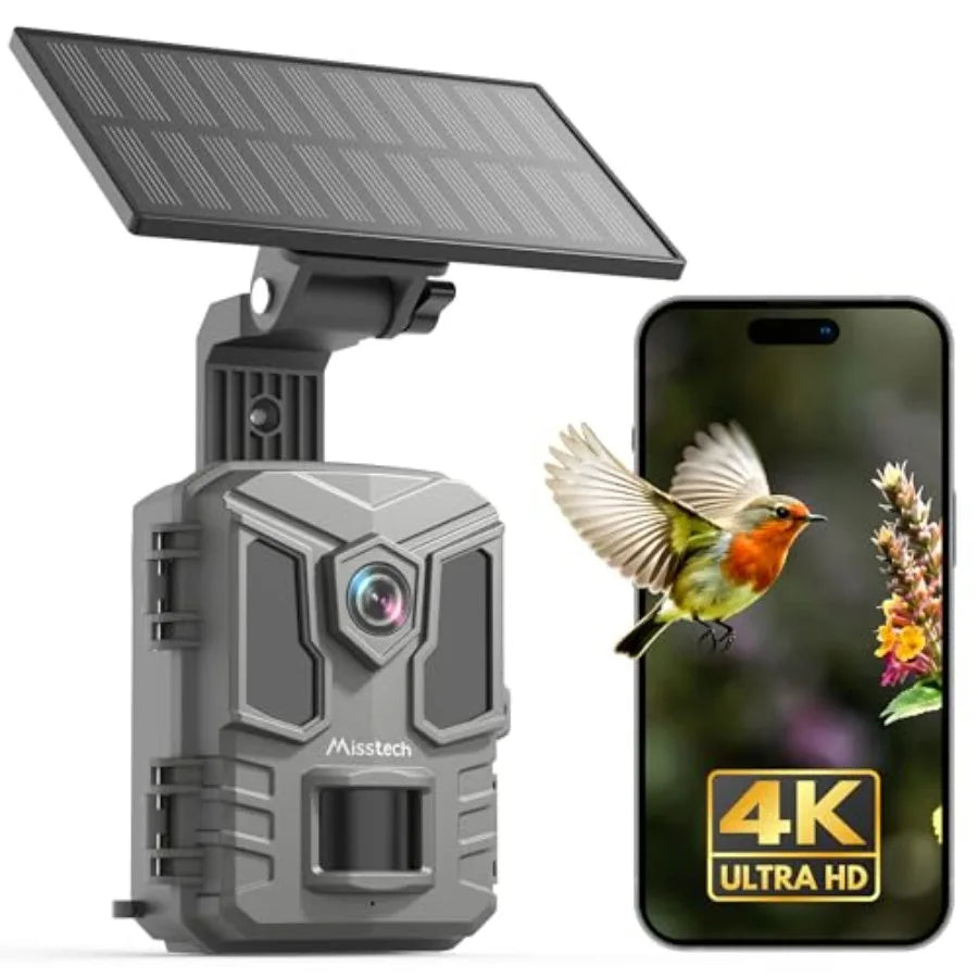 Outdoor wildlife monitoring solar trail camera with 4K UHD resolution, 64MP sensor, black IP66 housing, 0.1s motion activation,
