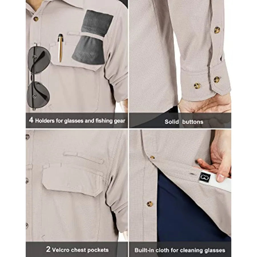 33000Feet Men's Long Sleeve Sun Protection Shirt UPF 50+ UV Quick Dry Cooling Fishing Shirts for Travel Safari Camping Hiking