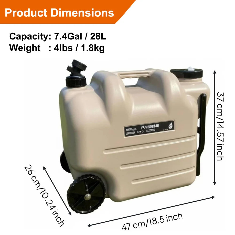 7.4 Gallon Water Container with Tap and Wheels – Large Water Storage Container, Portable PE Water Carrier with Handle & Faucet, Water Tank Barrel for Camping, Hiking, Fishing, Self-Driving Travel