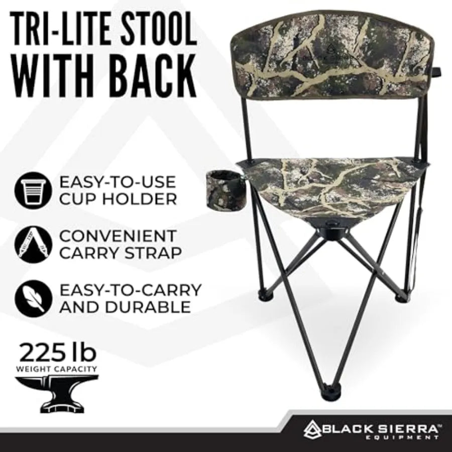 Black Sierra Tri-Lite Folding Stool with Backrest and Cup Holder, Lightweight Portable Hunting Fishing Chair with Carry Strap,