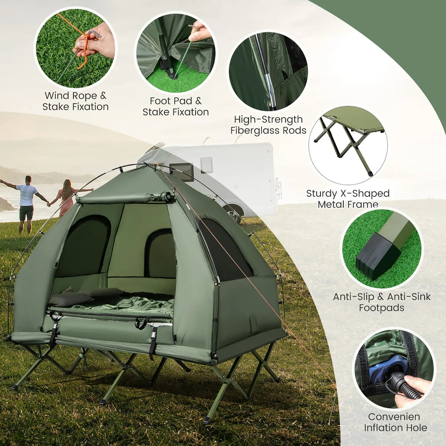 2-Person Compact Portable Tent/Camping Cot w/ Air Mattress & Sleeping Bag
