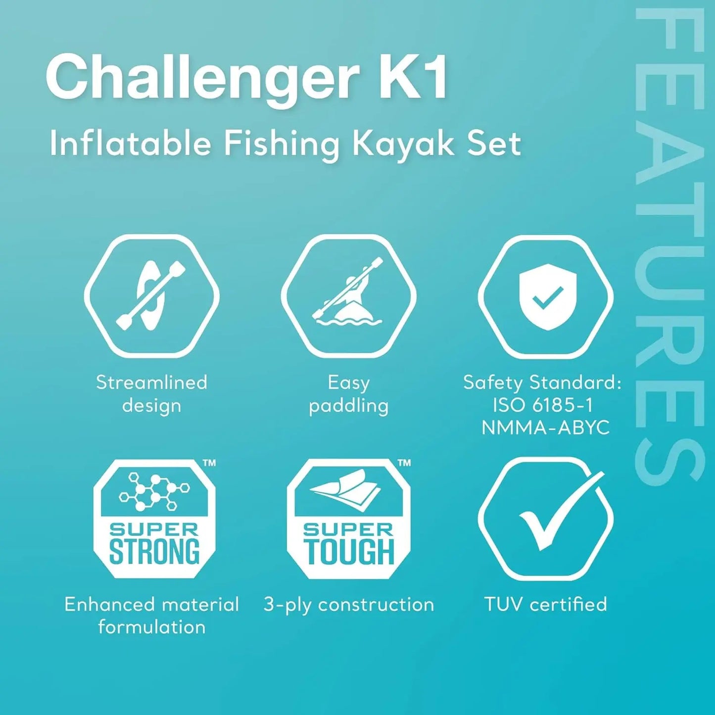 Challenger K1 1 Person Durable Vinyl Streamline Sporty Kayak with Inflatable Seat and Backrest, Oar, Pump, Carrying, Custom