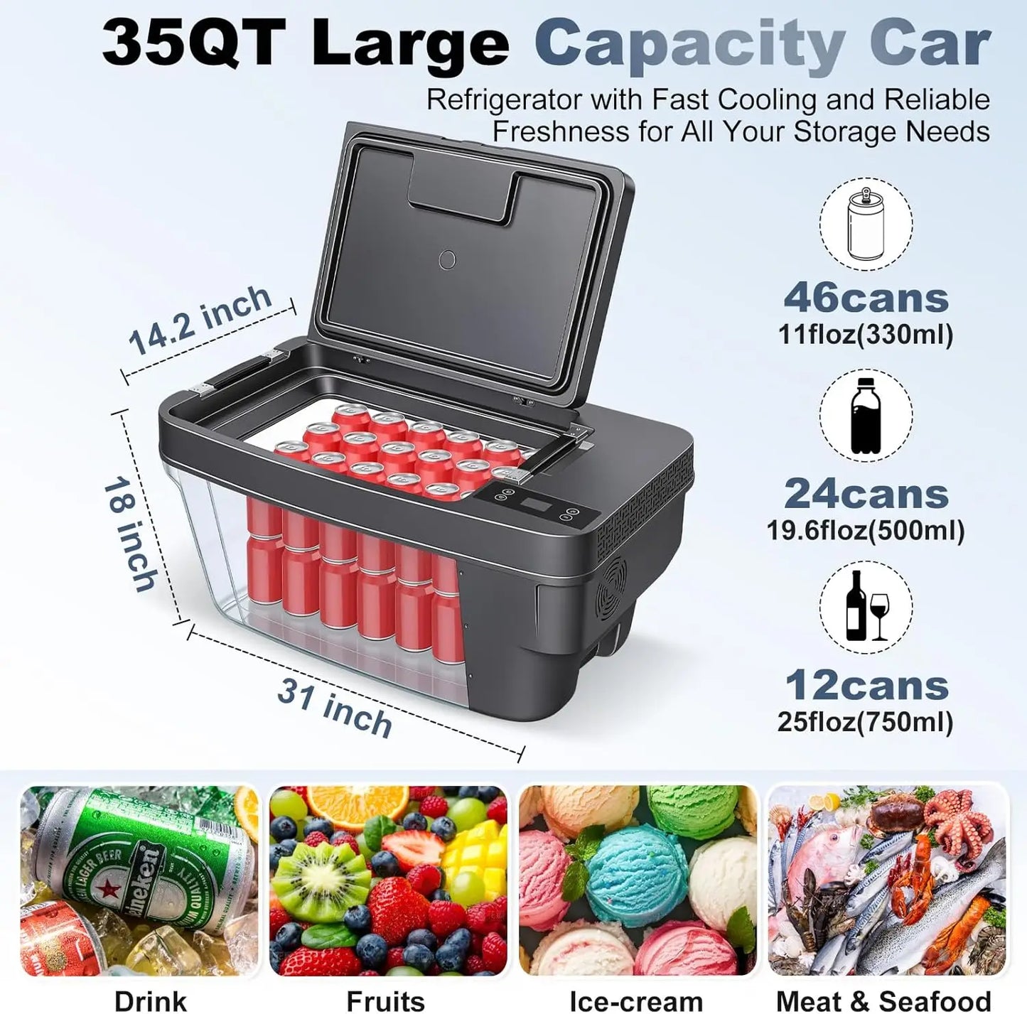 Portable Freezer 35QT (33L) for Electric SUV Trunk, -7.6°F to 50°F 12V Vehicle Refrigerator with App Control, 12&24V DC Cooler for Camping, Shopping, Road Trips, Home