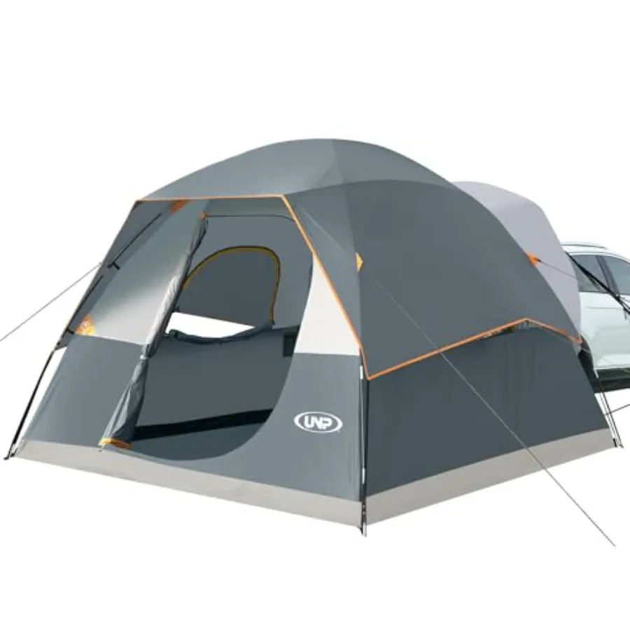 SUV Dome Tent for Camping: 6-person outdoor tent, polyester fabric, gray, easy setup with rainfly, 10' x 10' vehicle tailgate t