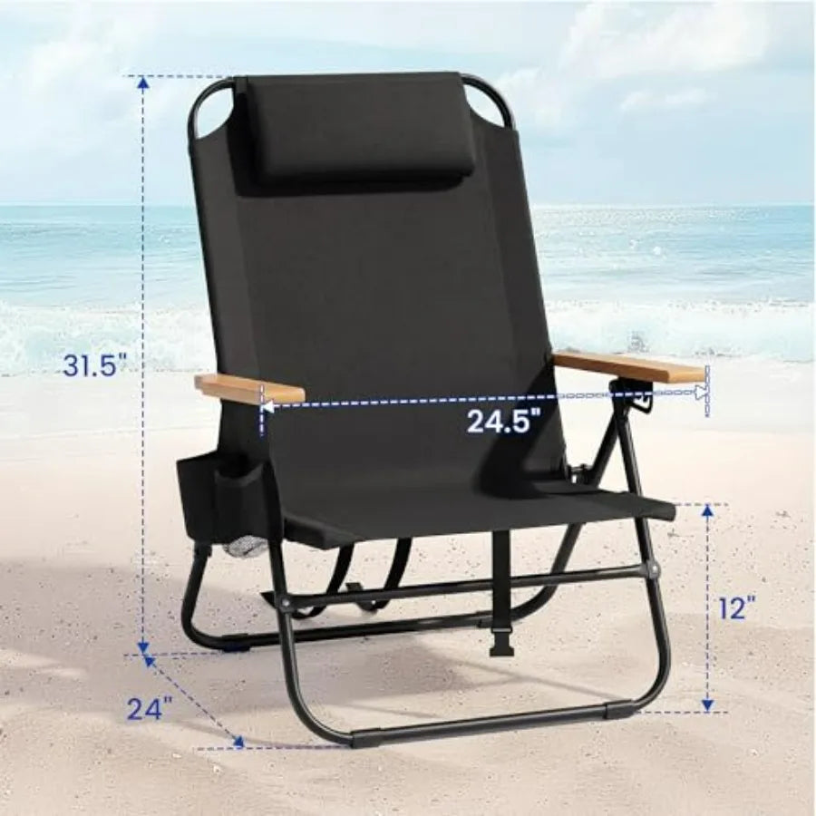 Portable beach chair for adults: lightweight outdoor camping chair with wooden armrests, black color, 5-position reclining flat