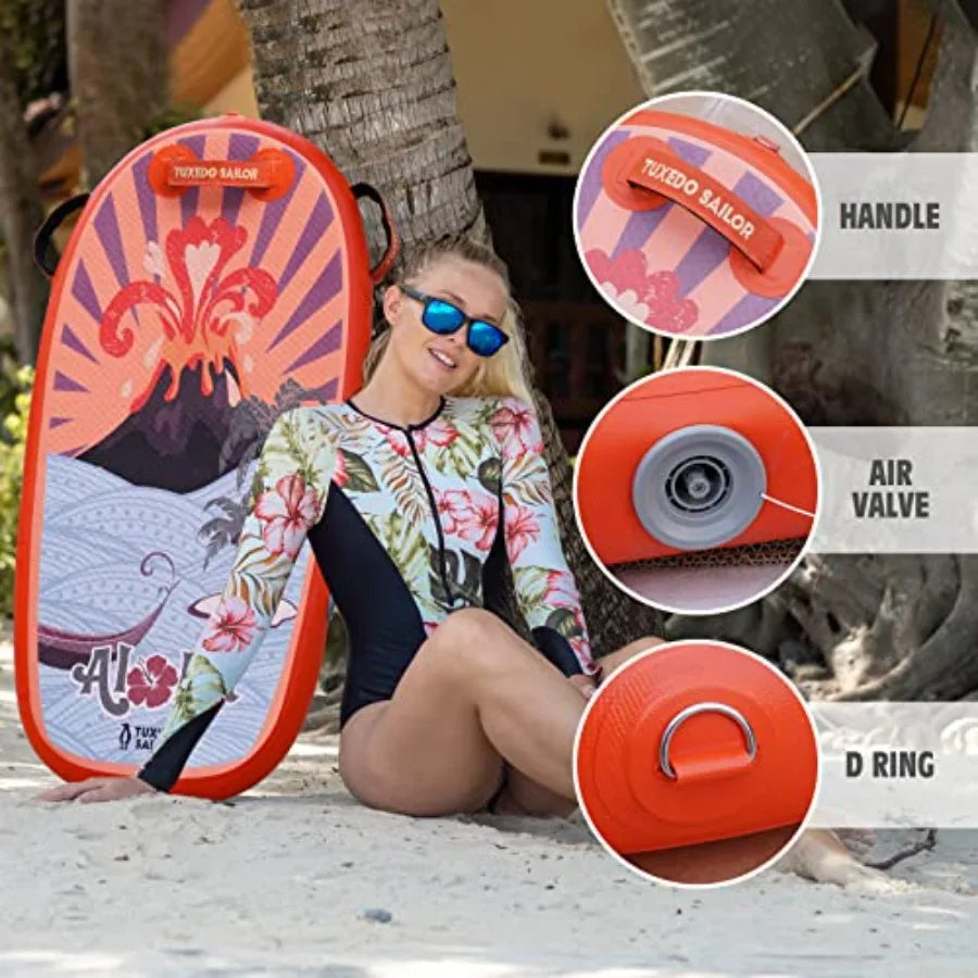 Inflatable Bodyboard - Beach Surf Board - Ultra Lightweight PVC Core Body Board for Beach and Pool, with Wrap Wrist Straps, Fol