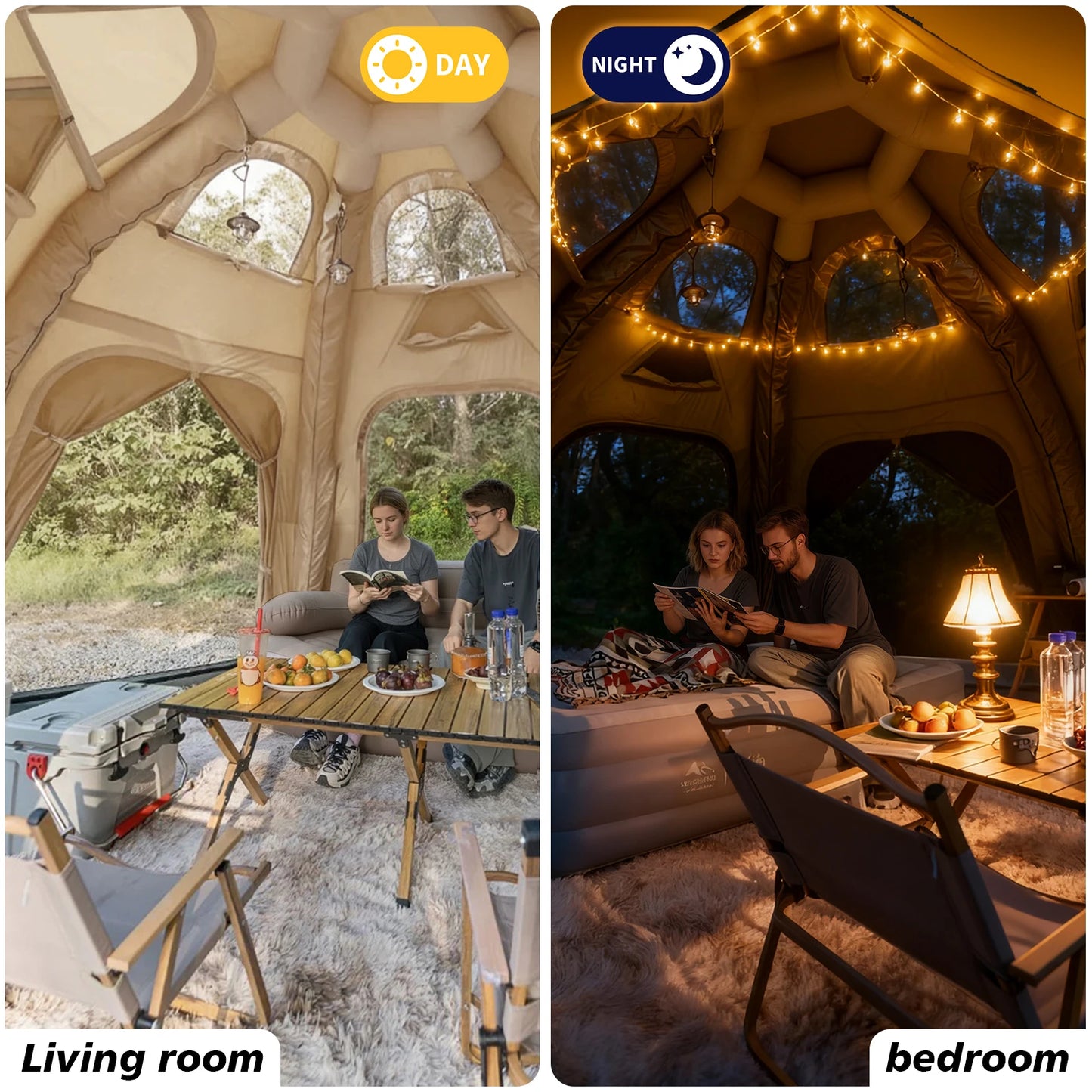 SENLEETO Inflatable Tent Glamping Dome Tent 420D Oxford Large Family Camping Tent with Rainfly Extension All Around View Luxury Outdoor House Tent
